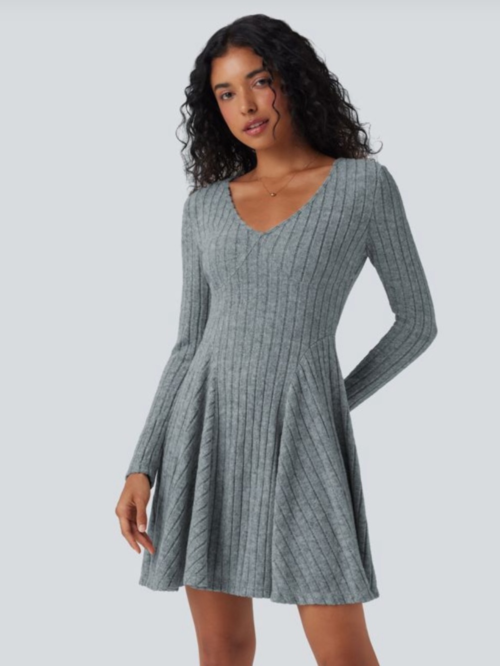 HALARA Light Blue Ribbed V‑Neck Fit & Flare Long Sleeve Dress (Small) NWT